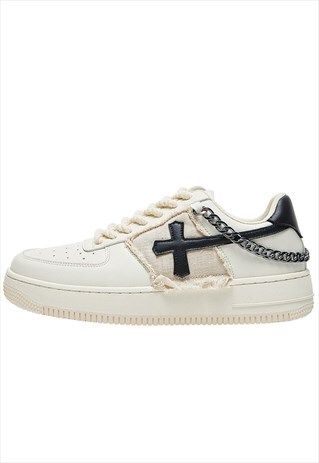Cross patch sneakers chain attachent trainers in white cream