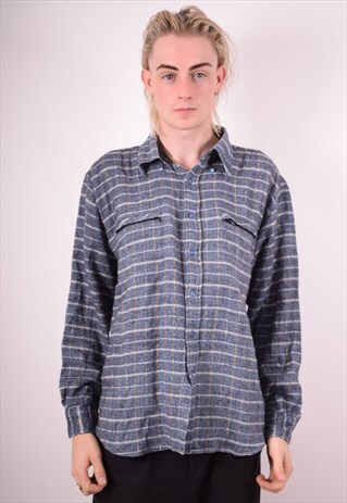 MENS VINTAGE FLANNEL SHIRT LARGE BLUE CHECK 90S