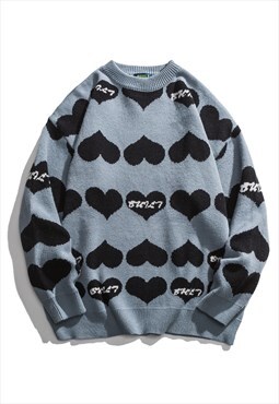 Hearts print knitwear love jumper in blue black