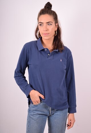 POLO RALPH LAUREN WOMENS VINTAGE POLO SHIRT LARGE BLUE 90S