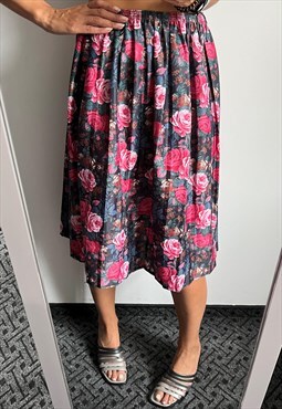 80s Pink Gray Roses Printed Midi Feminine Full Skirt M - L