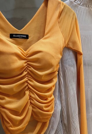 ORANGE RUCHED FRONT SHEER LONG SLEEVE TOP