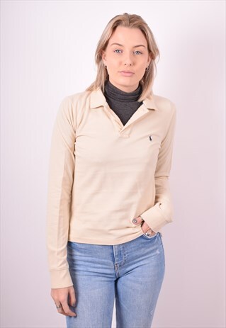 RALPH LAUREN WOMENS VINTAGE POLO SHIRT MEDIUM BEIGE 90S