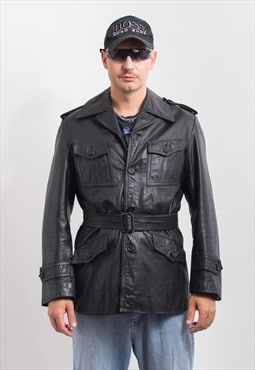 70's leather jacket in black fitted belted Vintage men L