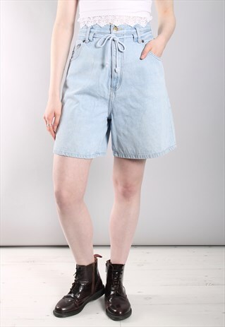 VINTAGE 90S BLEACH WASH HIGH WAISTED CORD BELT DENIM SHORTS