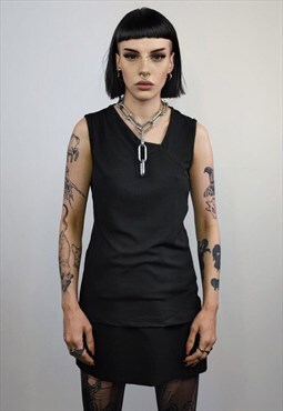 Asymmetric sleeveless t-shirt cutout neckline Goth tank top