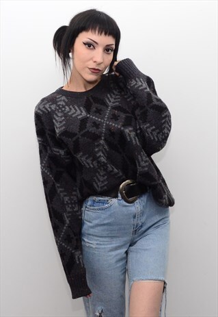 VINTAGE 90'S DARK GRUNGE PATTERNED SLOUCHY JUMPER
