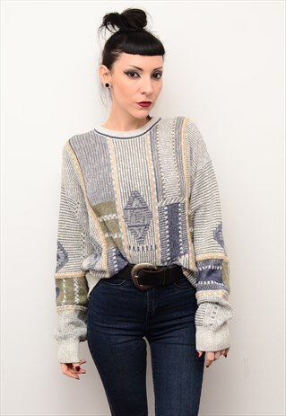 VINTAGE 90'S INDIE GRUNGE KNITTED PATTERN SLOUCHY JUMPER