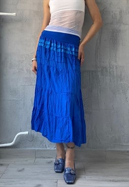 Vintage 90's Electric Blue Casual Cotton Flared Maxi Skirt