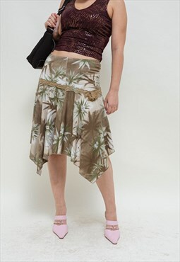 Vintage Y2k Grunge Asymetrical Tropical Print Midi Skirt M/L