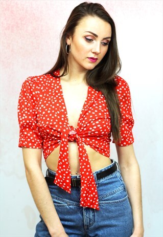 1990S VINTAGE RED WITH WHITE TIE UP FRONT CROPPED BLOUSE