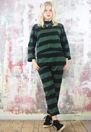 CROP PANTS & BOX TOP CO-ORDINATES IN GREEN N BLACK STRIPES