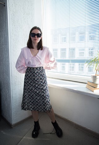 VINTAGE 60'S NAVY PATTERNED MIDI HIGH WAISTED SKIRT
