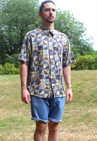 VINTAGE 90S ART AZTEC NERD SHIRT LARGE FESTIVAL ABSTRACT