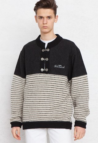 VINTAGE BLACK BEIGE WOOL KNIT NORWEGIAN JUMPER