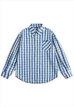 Retro blue check shirt preppy plaid blouse vintage top white