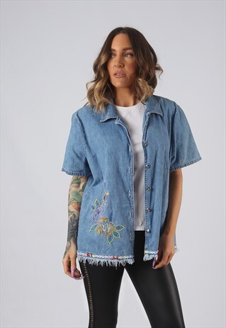 DENIM SHIRT OVERSIZED FITTED EMBROIDERED FLORAL UK 18 (DK4F
