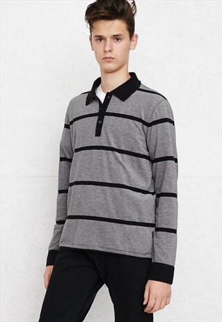 90S VINTAGE GREY HUGO BOSS LONG SLEEVE STRIPED POLO SHIRT