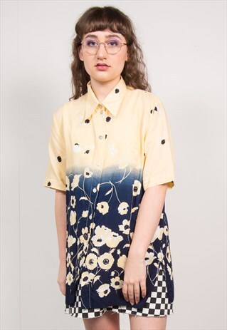 VINTAGE 90'S SHIRT YELLOW & BLUE FLORAL PATTERN