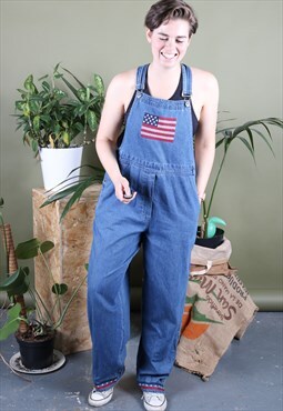 Vintage Dungarees in Blue Denim with USA Embroidery