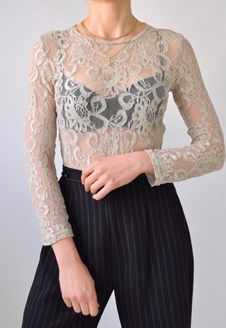 VINTAGE 80S 90S SHEER MESH LACE 3/4 SLEEVE TIGHT FITTED TOP