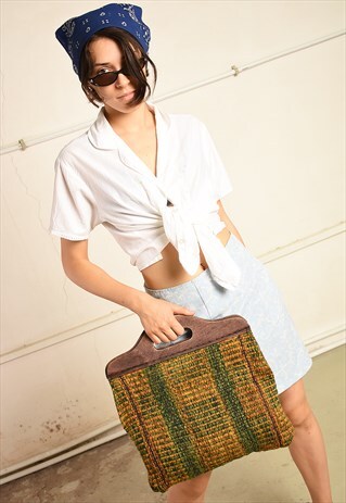 70'S RETRO BOHO STRIPED WOVEN TOTE BAG WITH WOODEN HANDLES
