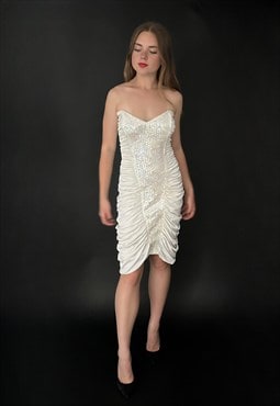 80's Vintage White Sequin Ruched Slinky Evening Dress