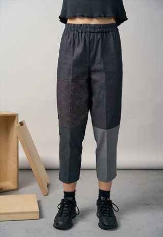 BLACK DENIM PATCHWORK TROUSERS