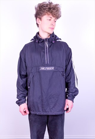 VINTAGE TOMMY HILFIGER 1/4 ZIP PULLOVER JACKET IN BLACK L