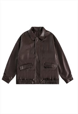 Faux leather aviator jacket retro varsity PU bomber brown