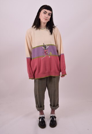 VINTAGE 90'S OVERSIZED PINK STRIPE GOLF JUMPER SIZE XL WOOL