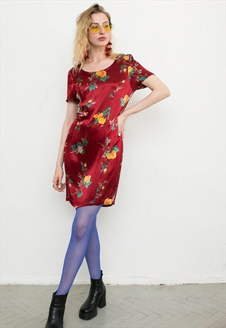 RED SILKY FLOWER VINTAGE MINI DRESS
