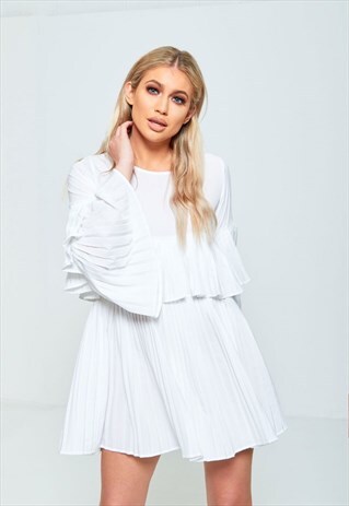 WHITE PLEATED FRILL SLEEVE MINI DRESS