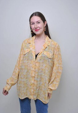 Vintage yellow oversized blouse, retro long sleeve shirt