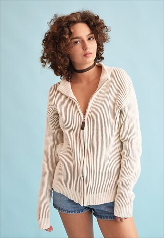 90'S RETRO GRUNGE RIBBED KNIT NEUTRAL TEEN CARDIGAN TOP