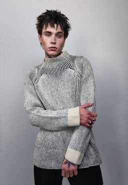 Vertical stripe sweater knitted utility turtleneck in cream