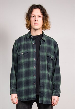 90'S VINTAGE DARK GREEN CHECK GRUNGE FLANNEL SHIRT