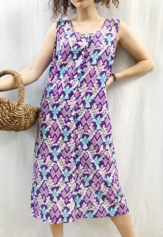 VINTAGE 70S MOD ABSTRACT FLORAL PRINT BOHEME CHIC MAXI DRESS