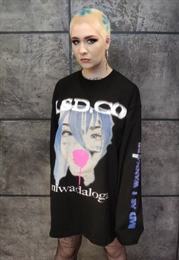 Anime jumper kawaii slogan top graffiti long t-shirt black