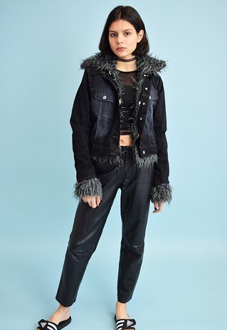VINTAGE 90'S RETRO FAUX FUR DENIM SHERPA SHEARLING JACKET