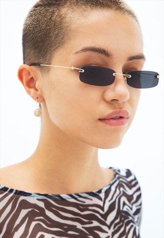 INDIGO - BLACK SKINNY RECTANGULAR METAL FRAME SUNGLASSES