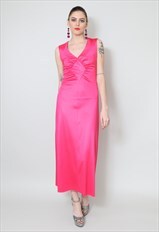70's Vintage Ladies Dress GiGi Neon Pink Sleeveless Midi