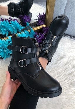 Black Faux Leather Ring Strap Hiker Style Boots 