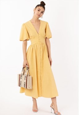 Checked print Cotton Blend Puff sleeves midi dress in yellow