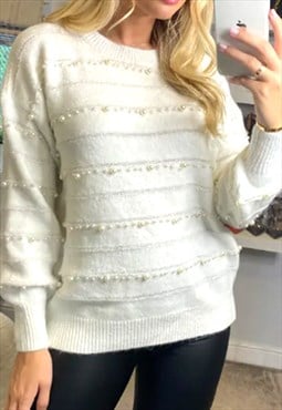 Pearl embellished soft knit jumper in white