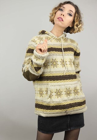 VINTAGE 80S 90S OVERSIZED PATTERNED KNIT JUMPER HOODIE WOOL