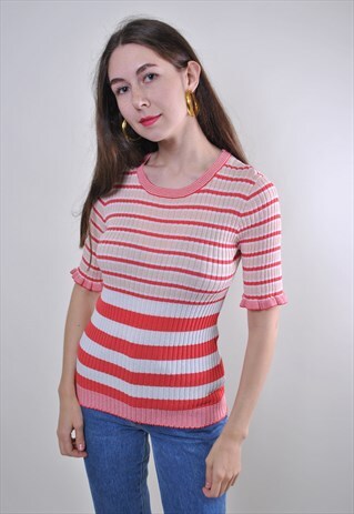 VINTAGE WOMAN STRIPED KNIT SHORT SLEEVE PULLOVER BLOUSE