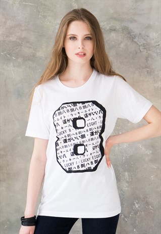 LUCKY 8 T SHIRT JAPANESE KAWAII FOOTBALL WHITE TEE WOMENS