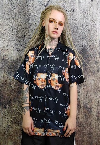 Retro print shirt bluff slogan short sleeve top in black
