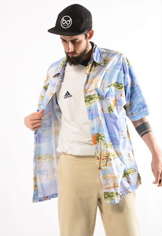 VINTAGE BLUE HAWAIIAN SHIRT.